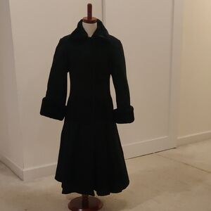 Stephanie Mathews Kids Vintage Wool Black Long Coat Dress Faux Fur Collar & Cuff